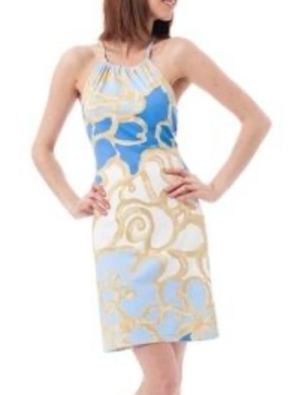 Blue & White Patterned Halter Mini Dress